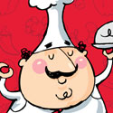 illustration of A jolly chef for a fancy restaurant hold a cover platter with a steaming gourmet meal.
Decorative vector art with a damask red on red background give this humorous illustration a sophisticated look.
