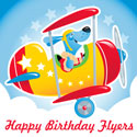 illustration of Part of a juvenile birthday ensemble. Dog and other animal pilots fly in biplanes through a patriotic themed design.