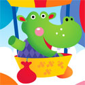 illustration of Part of a first birthday ensemble. Hippo and friends fly their hot air balloons. 