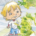 illustration of A mixed media of watercolor and digital combine to create this children's book illustration. A boy laerns that an overgrown bush is not as terrible as he thought.