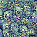 illustration of Illustrated zombie heads I created for a repeatable tile pattern for photoshop.  
I illustrated each zombie head with a lot of character and menacing horror with a bit of humor, colored in retro zombie green.  I designed the pattern for use primarily on apparel, but it can be used for a lot of other products.  I also plan on creating a sticker set with these.