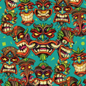illustration of Angry Tiki head illustration I created for use in a beach resort themed repeatable pattern to be used in Photoshop for apparel.
I hand-drew each of the tiki heads separately, and colored them in Manga Studio, before arranging the repeating pattern in Adobe Illustrator.  I created this for my own use on apparel and other products I’m hoping to sell.
