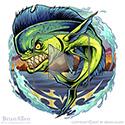 illustration of Stylized angry mutant Mahi-Mahi fish I created for an apparel graphics company leaping from the water.
This was the first time I explored drawing fish in a more crazy creepy style, rather than realistic, and I love it.